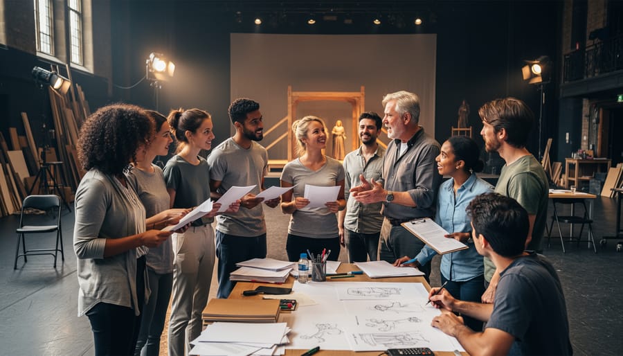Diverse actors and a director talking during rehearsal backstage with stage materials blurred behind them