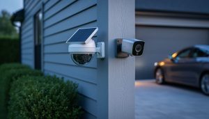 Two modern outdoor security cameras mounted on a home exterior near a driveway at dusk, with one featuring a solar power element.