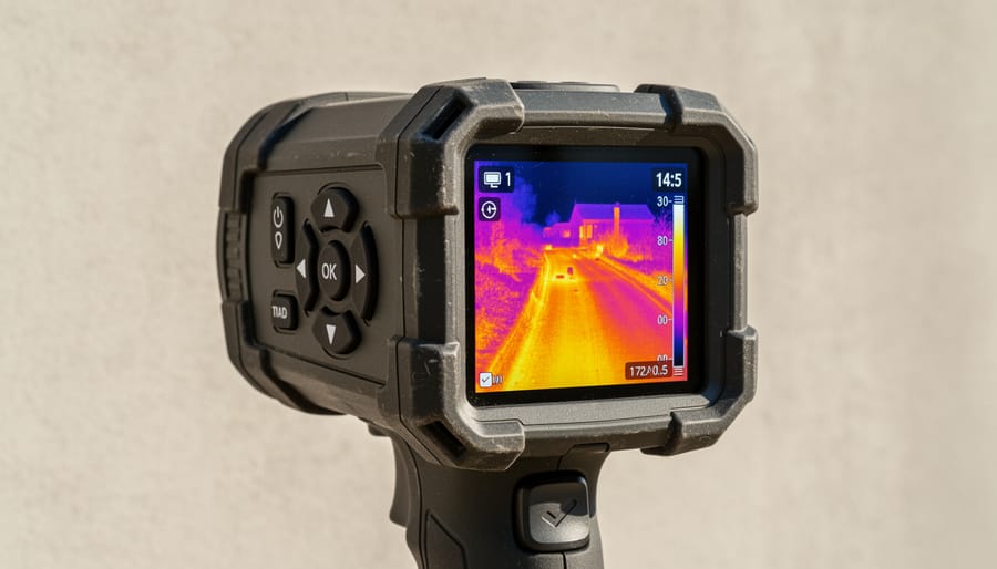 Budget dedicated handheld thermal camera placed on a tool bench in a home inspection setting.