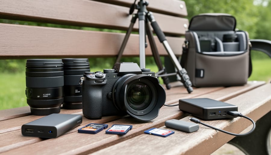 Modern mirrorless camera with lens and battery on a workbench under soft studio light