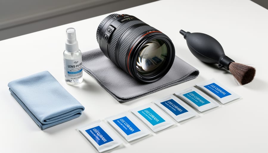Camera lens front element resting on a microfiber cloth with a rocket blower and lens brush nearby