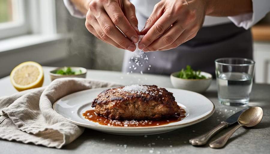 Low-angle view of a hand brushing oil onto a plated dish, with shallow depth of field and warm studio light creating an intimate editorial mood.