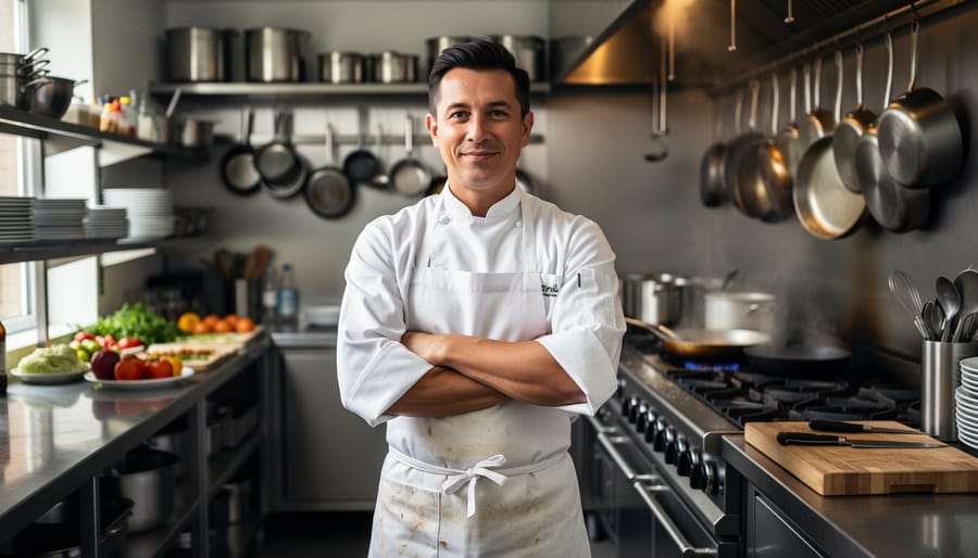 Chef in a home kitchen stirring a pot during a portrait session