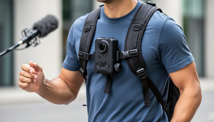 Cyclist wearing a chest-mounted wearable camera with an external microphone near the collar