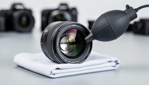 “Close-up of a camera lens on a microfiber cloth with a rocket blower positioned near the front element under soft studio lighting.”