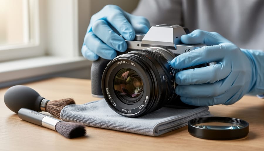 Gloved hands cleaning a vintage camera lens rear element over a microfiber cloth with cleaning tools nearby.