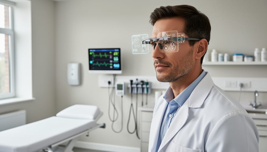 Clinician wearing AR-style smart glasses in a hospital exam room beside a patient bed