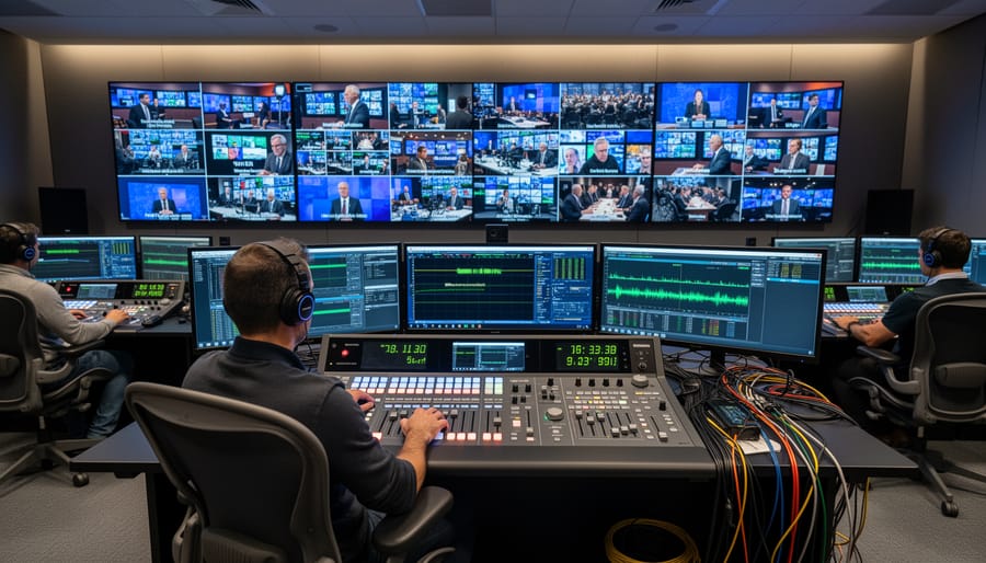 Control-room scene with a person adjusting a video switcher and nearby rack equipment with status lights.