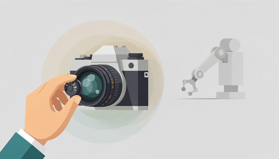 A photographer shooting a subject with an adapted vintage lens, showing sharp focus on the face and blurred background.