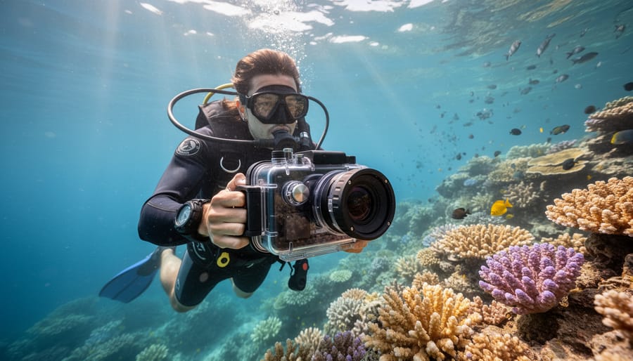 Scuba diver holding an underwater camera housing in front of a coral reef.