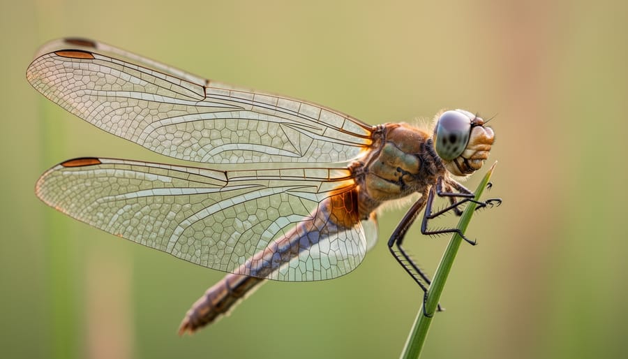 Macro close-up of a dragonfly perched on a reed with sharp detail in its wings