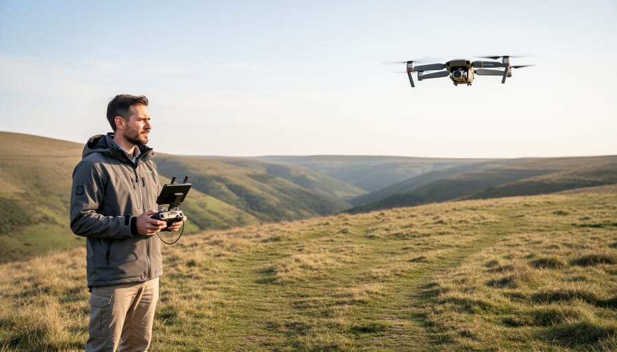 Person preparing a quadcopter drone on a landing pad while looking over a mountain valley under an overcast sky
