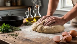 Flour-dusted hands kneading dough on a wooden table with a cast-iron skillet and seasonal ingredients nearby.