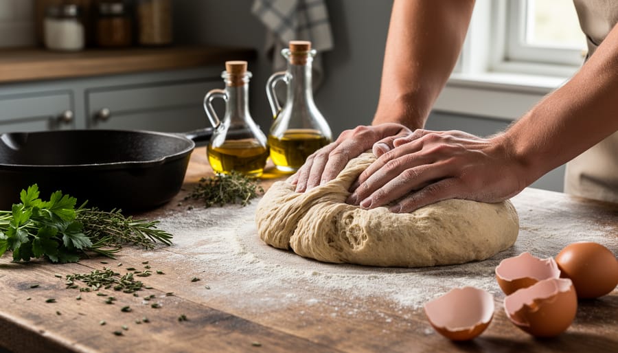 Flour-dusted hands kneading dough on a wooden table with a cast-iron skillet and seasonal ingredients nearby.