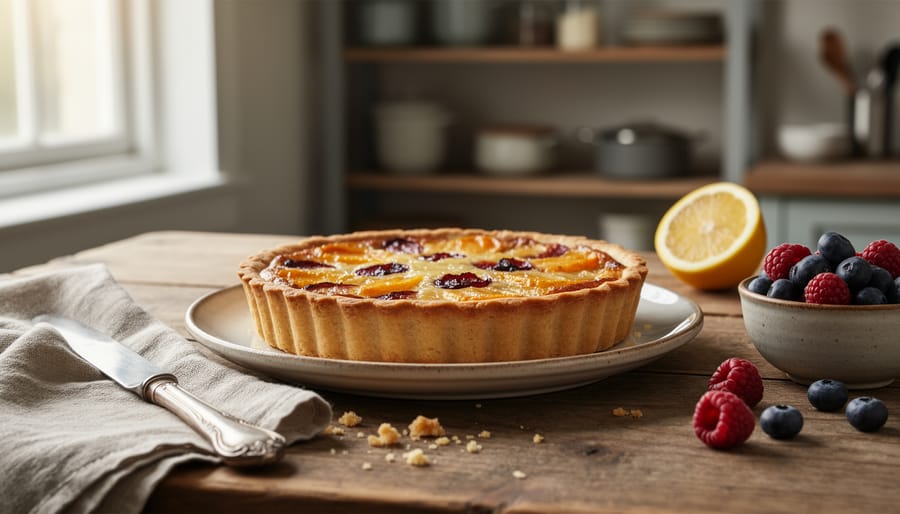 Editorial-style plated lemon-ricotta tart on a ceramic plate with linen napkin, fork, and sparkling water in soft window light.