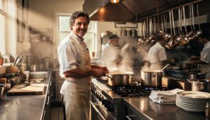 Chef posed in a busy kitchen with stainless counters, cooking tools, and steaming pots in the background.