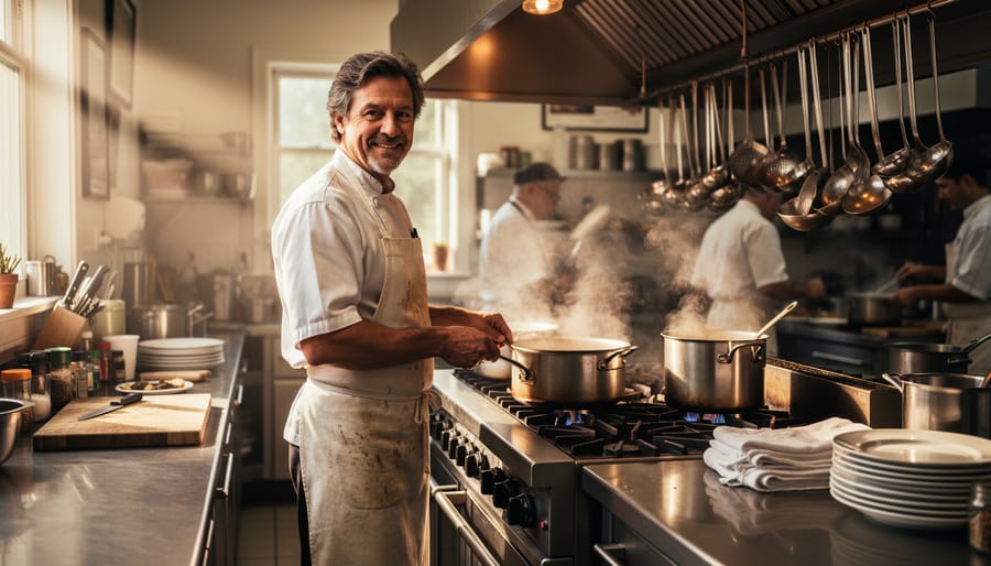 Chef posed in a busy kitchen with stainless counters, cooking tools, and steaming pots in the background.