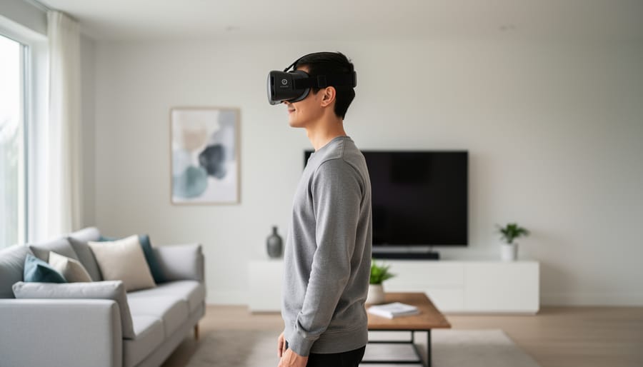 A person positions a 180-degree VR camera at eye level in a living room while preparing a shot.