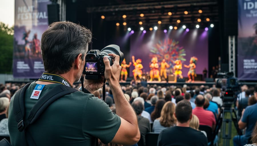Festival photographer taking pictures with a raised camera during a performance under stage lights