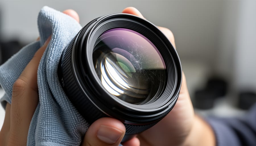 Flashlight angled across a camera lens to reveal smudges on the glass