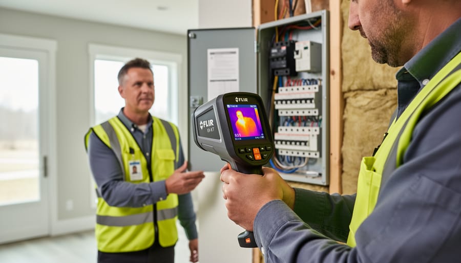 Home inspector holding a FLIR E8-XT thermal camera in a utility room near an electrical panel.