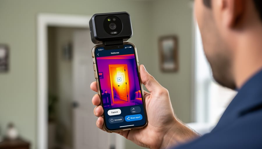 Smartphone attached to a FLIR One Pro thermal camera for home inspection imaging.