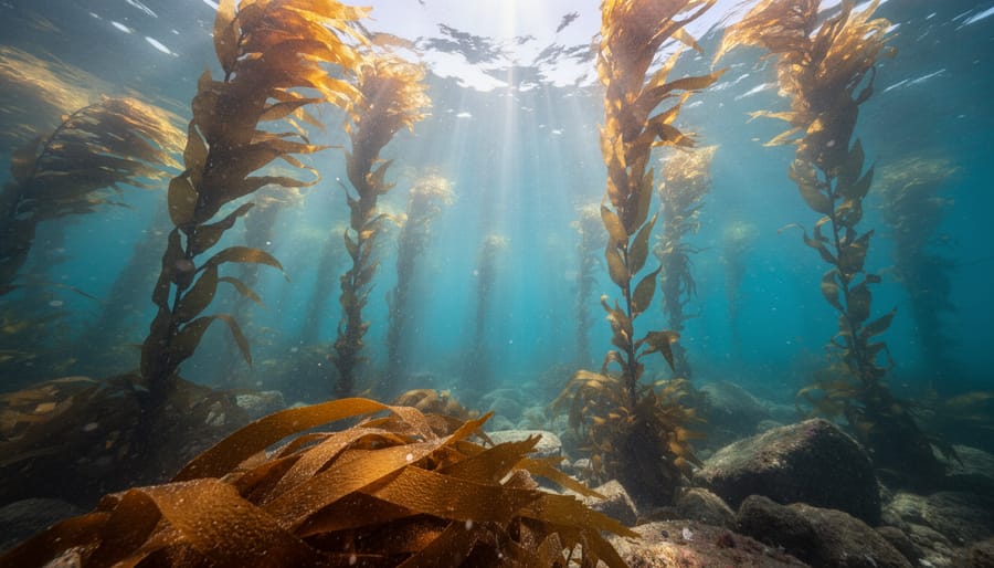 Freediver in a kelp forest holding an underwater camera under sunbeams.