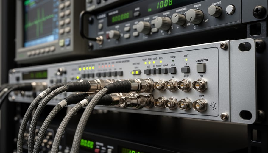 Studio equipment table with a sync generator and connected BNC cables in sharp detail.