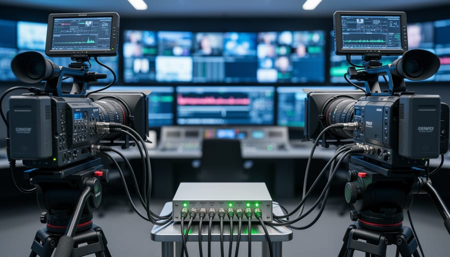 Broadcast production cameras connected by synchronization cables to a genlock sync box for frame-accurate timing.