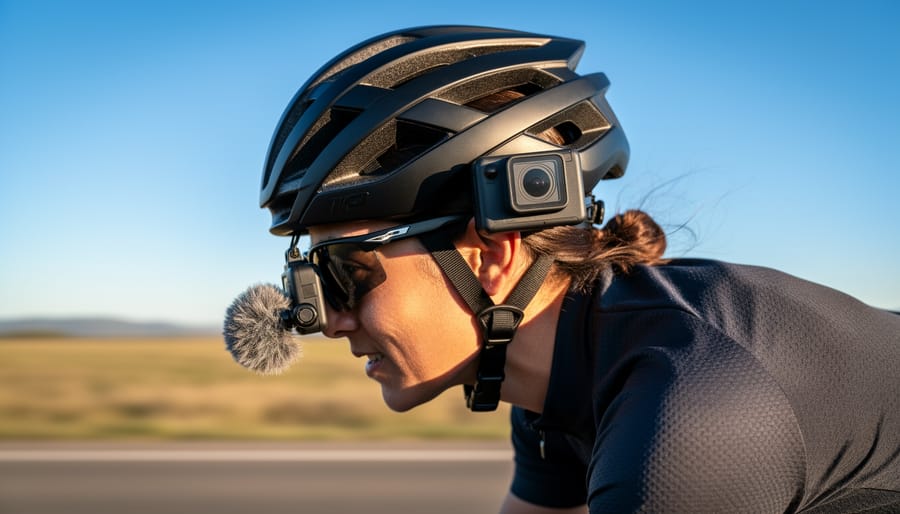 Helmet-mounted wearable camera on a mountain biker during golden hour on a forest trail
