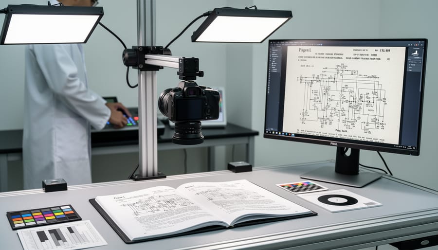 High-resolution camera sensor and measurement tools arranged on a tabletop under clear acrylic in a studio-like lab setting