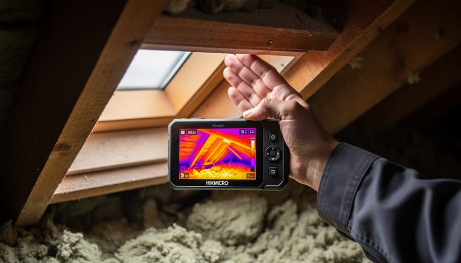 Compact HIKMICRO Pocket2 thermal camera used by an inspector while kneeling near an attic hatch.