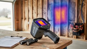 Handheld infrared thermal camera on a workbench next to inspection tools, with a faint thermal glow on an unfinished wall section.