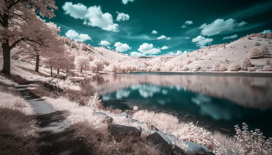 Wide landscape field with glowing infrared-like foliage and a winding path under dusk lighting