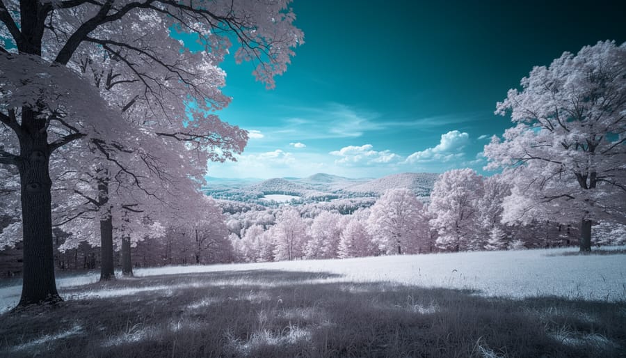 Landscape with white-rendered foliage and a dark dramatic sky in an infrared photography look.