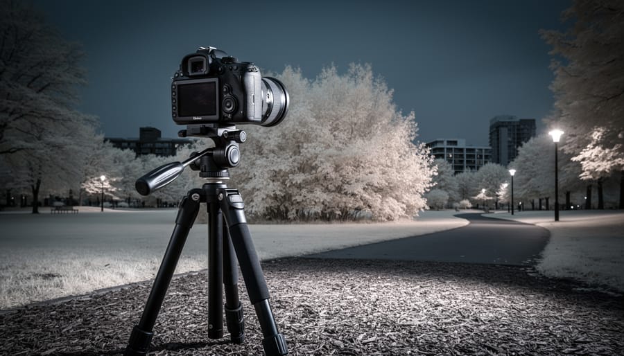DSLR camera on a tripod in a park, pointed at trees with white-glowing foliage and a dark infrared-like sky.
