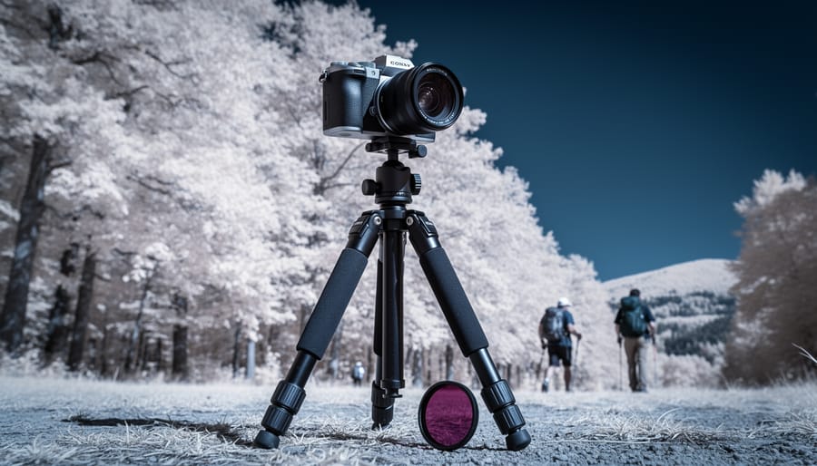An infrared photography camera on a tripod with an infrared filter beside it, outdoors with bright pale foliage and a darkened sky in the background.