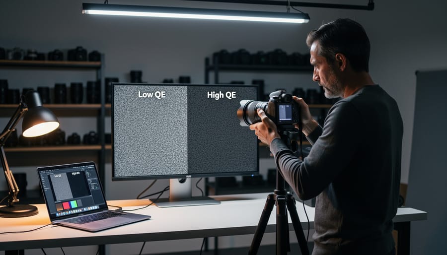 Photographer capturing an event indoors with overhead lights and blurred audience in the background