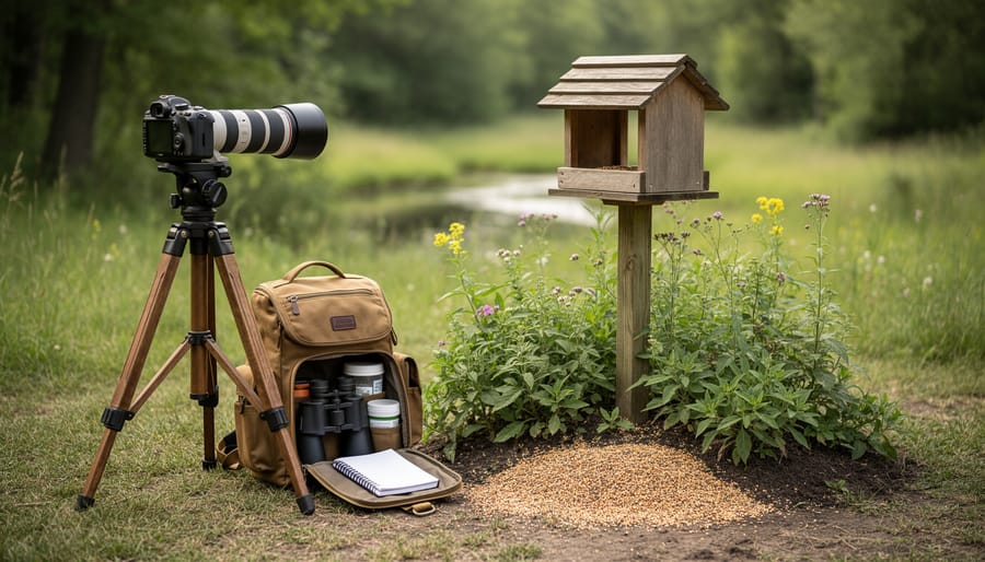 Photographer setting up a macro camera on a tripod with a reflector at a forest edge