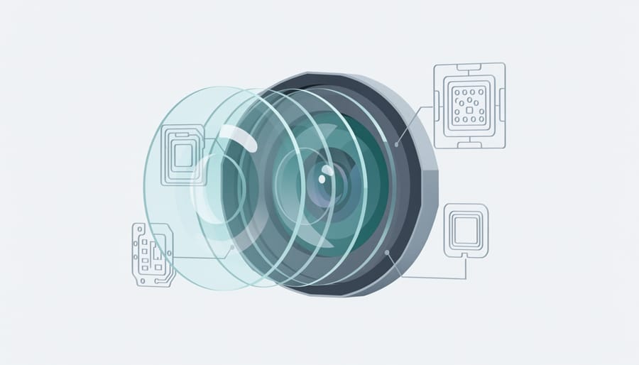 Macro view of camera lens elements with detailed glass reflections on a dark work surface