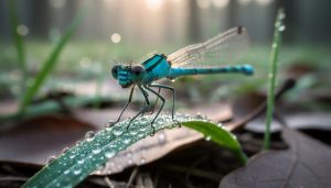 Macro wildlife photograph of a damselfly with eyes in sharp focus, perched on a dew-covered blade of grass under soft morning light.