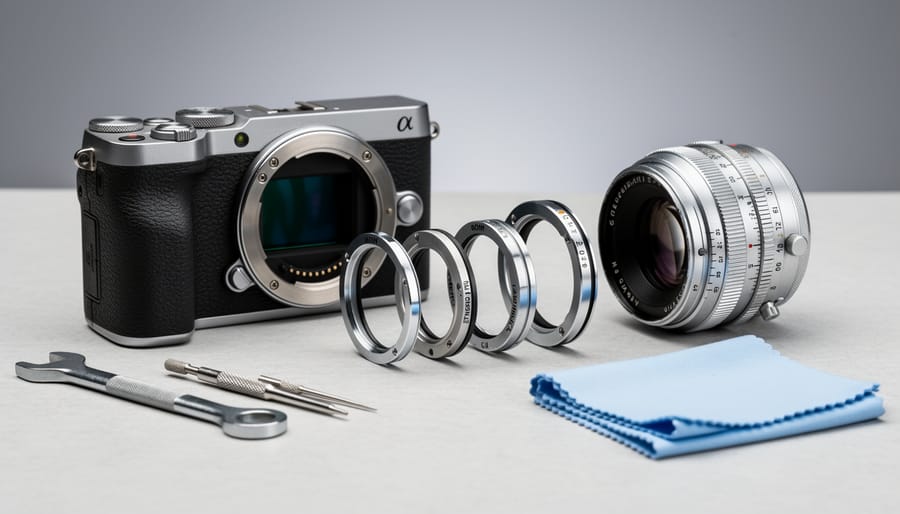 A mirrorless camera body and a vintage screw-mount lens with an adapter ring laid out on a workbench.
