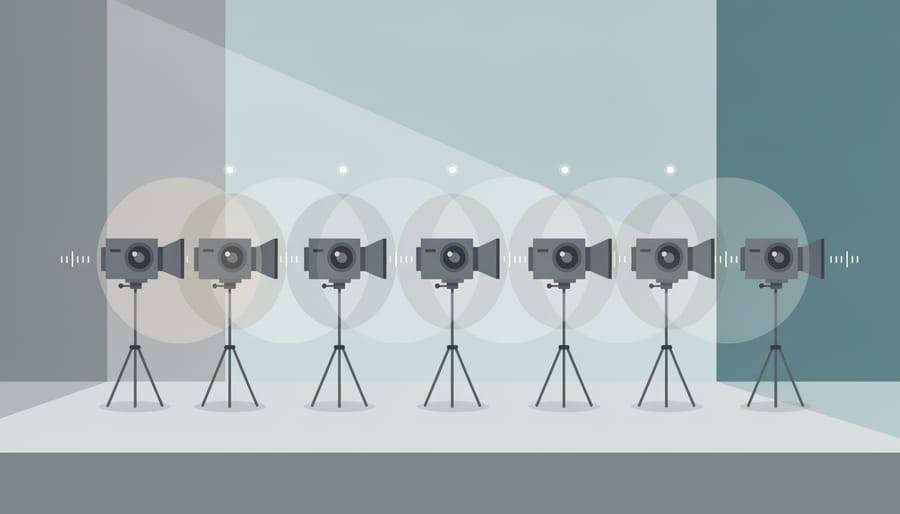 Three cinema cameras mounted on tripods in a studio environment with a monitor wall in the background.