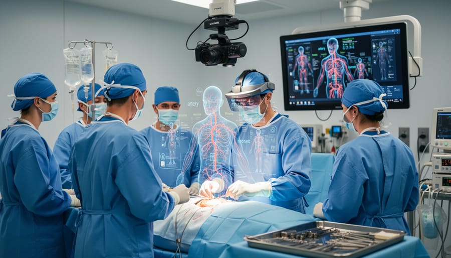 Operating room view showing a mounted sensor rig and camera hardware near a surgeon
