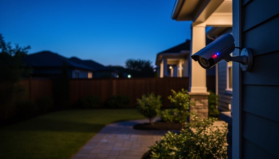 Outdoor security camera visible during blue hour in a driveway setting