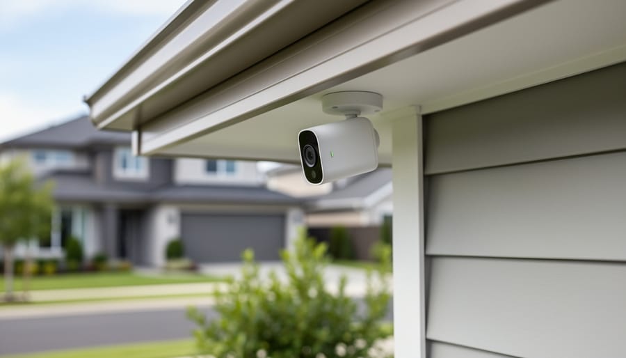 Outdoor security camera mounted under a home eave with a residential entryway in the background