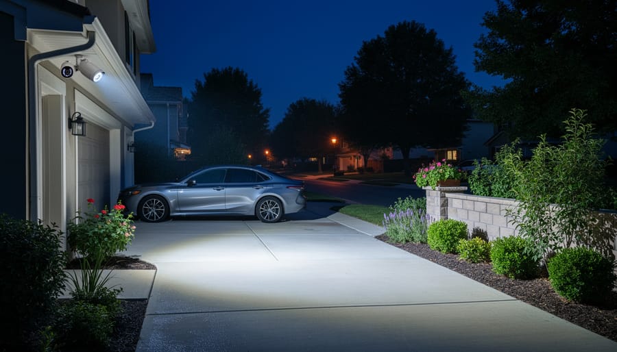 Outdoor security camera viewpoint at night showing subtle night vision lighting over a driveway