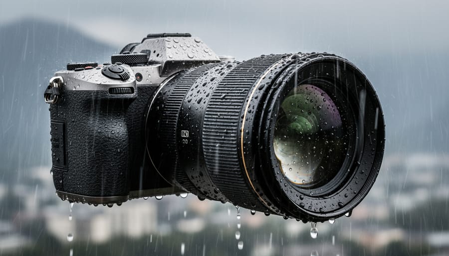 Outdoor security camera in the rain with water droplets on the lens cover