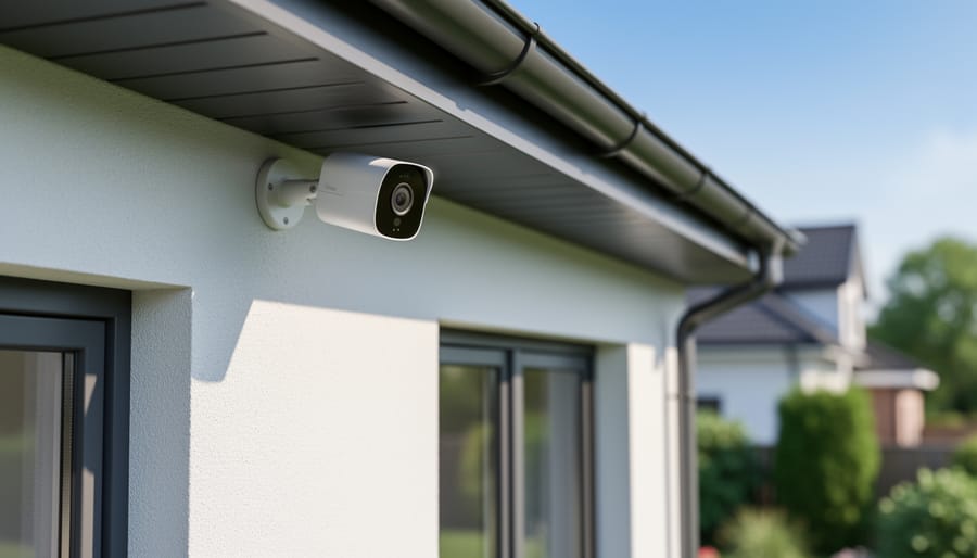 Outdoor security camera mounted under a home eave next to the front door