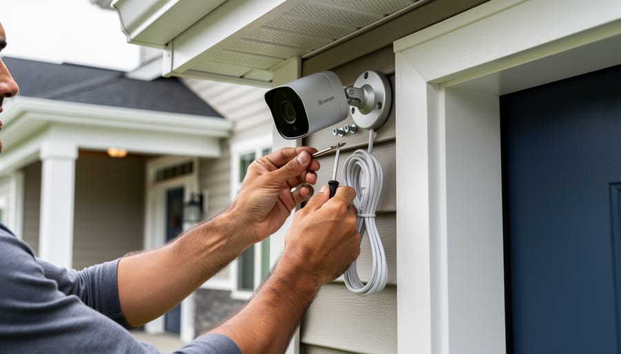 Person installing an outdoor security camera on a porch wall during golden hour